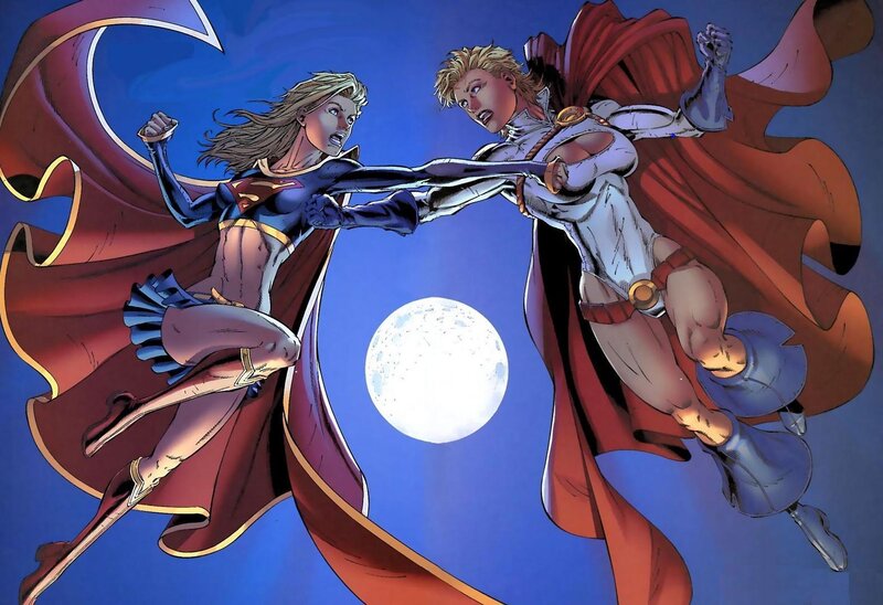 Two Female Superheroes Fighting — Blue