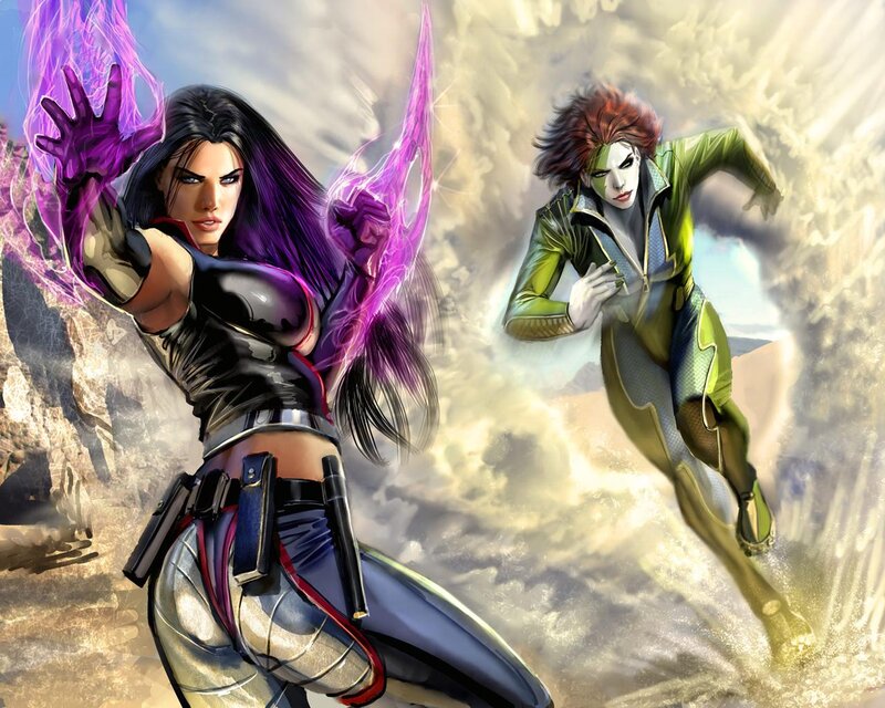 Two Female Superheroes in Action — Purple