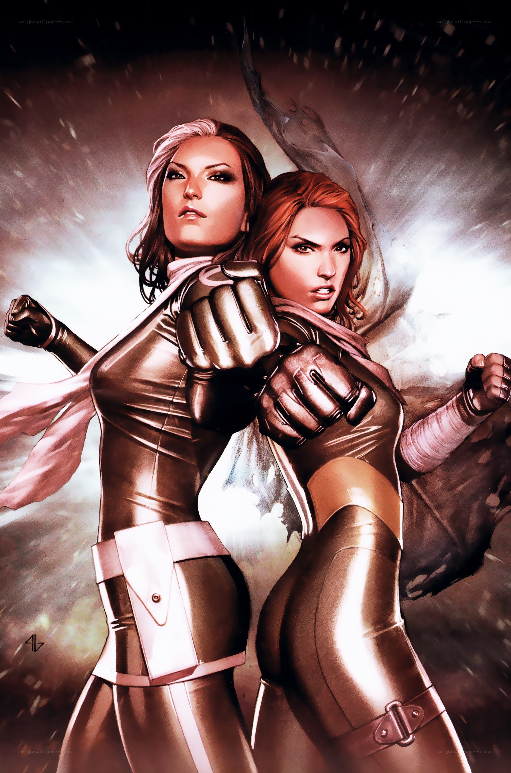 Two female superheroes in action