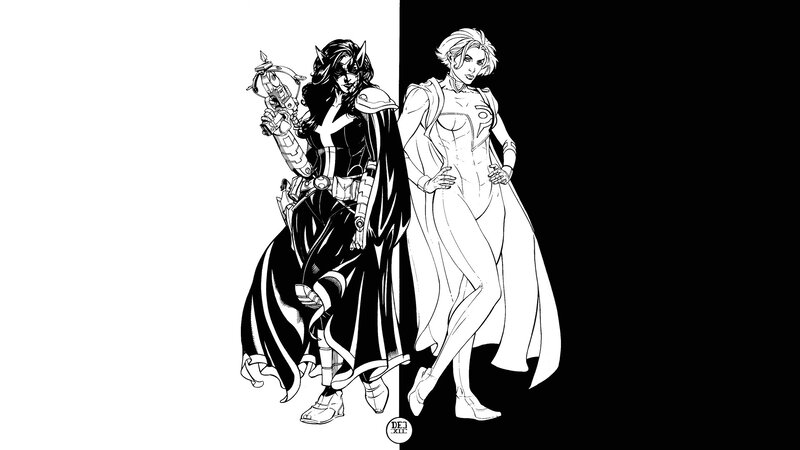 Two female superheroes in black and white