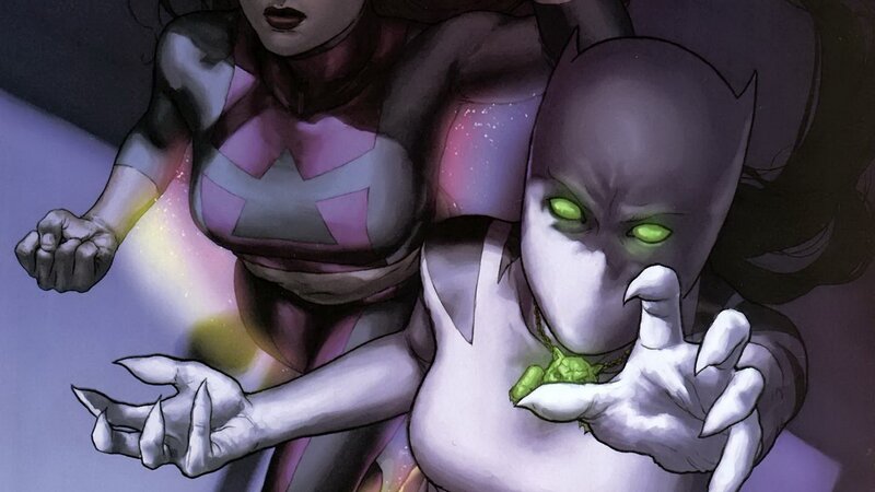 Two Female Superheroes — Purple, Dramatic, Comic, Green Eyes