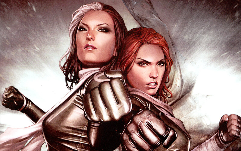 Two Female Superheroes — Red, Dramatic, Comic