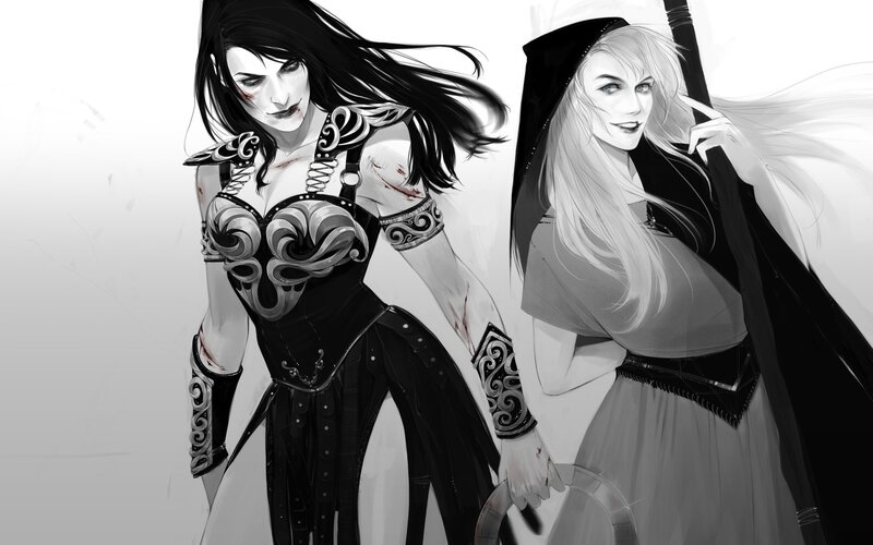 Two Female Warriors — Black, Dramatic, Digital Art, Blood