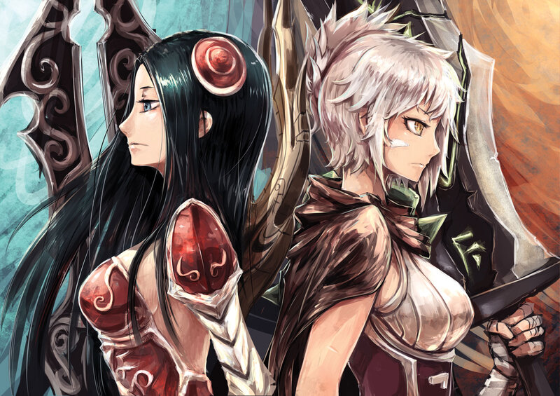 Two Female Warriors — Black, Dramatic, Digital Art, Swords, Armor