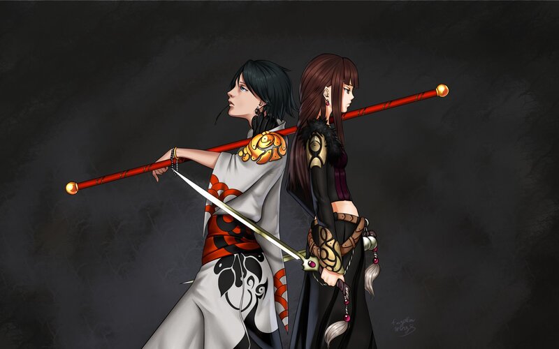 Two Female Warriors — Black, Dramatic, Digital Art, Swords