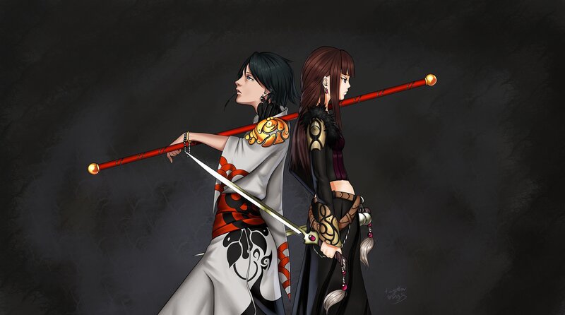 Two Female Warriors — Black, Dramatic, Digital Art, Swords, Weapons