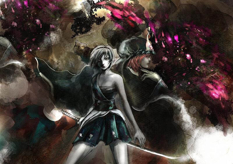 Two Female Warriors — Black, Dramatic, Digital Art