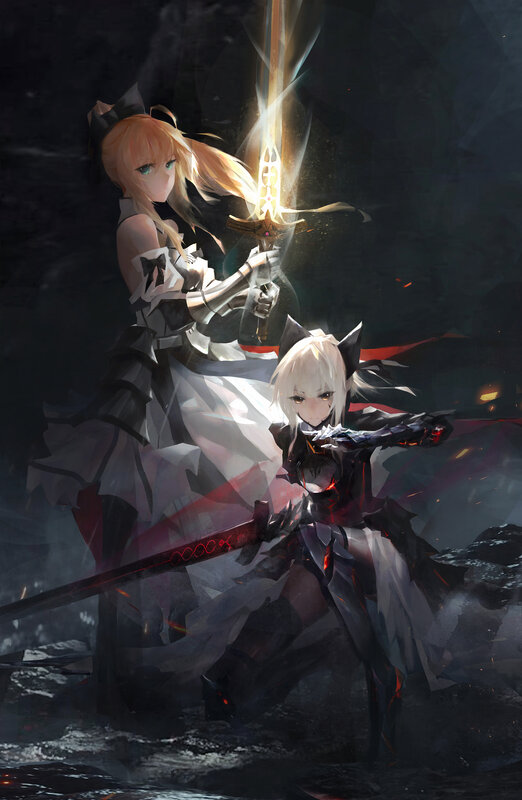 Two Female Warriors — Black, Dramatic, Night, Digital Art, Swords
