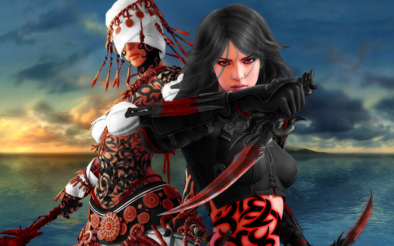 Two Female Warriors — Black, Dramatic, Sunset