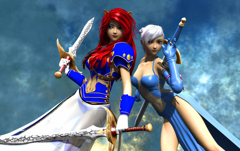 Two Female Warriors — Blue, Dramatic, 3d Render