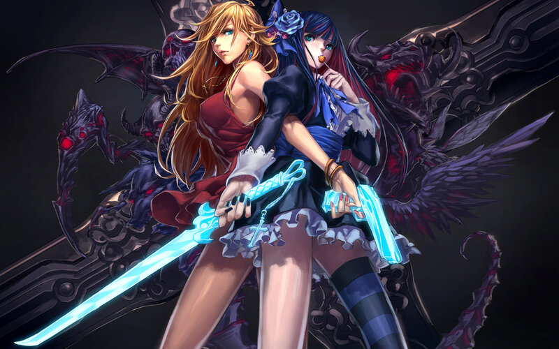 Two Female Warriors — Blue, Dramatic, Anime, Swords