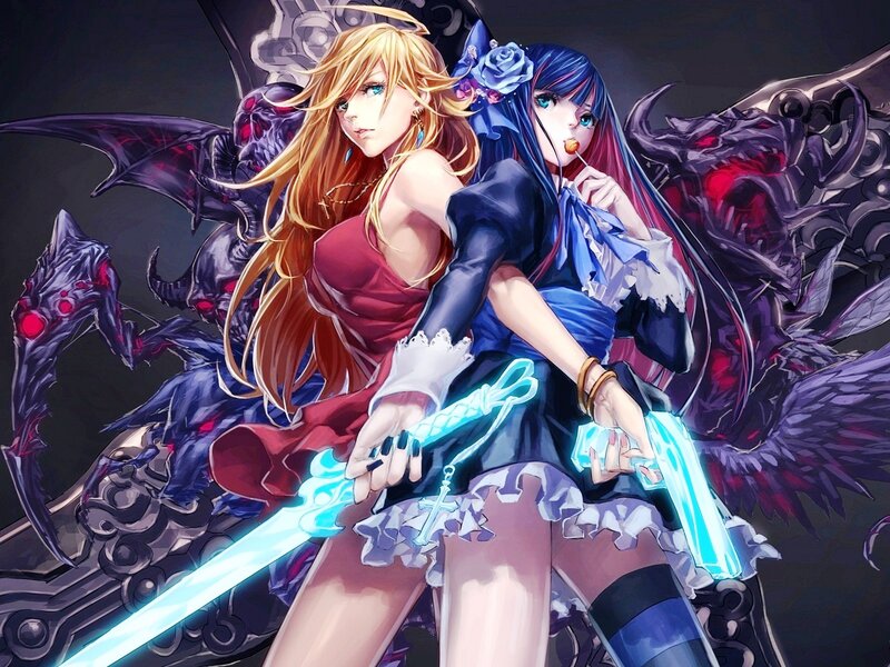 Two Female Warriors — Blue, Dramatic, Anime, Swords, Wings
