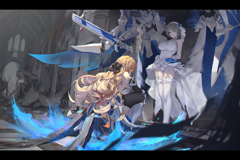Two Female Warriors — Blue, Dramatic, Digital Art, Swords, Mechanical Armor
