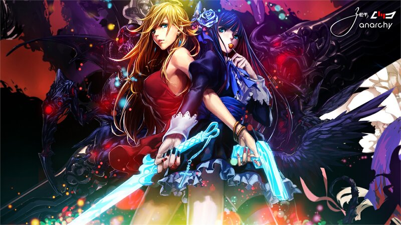 Two Female Warriors — Blue, Dramatic, Digital Art, Swords, Wings