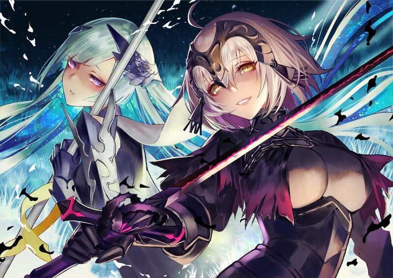 Two Female Warriors — Blue, Dramatic, Night, Anime, Swords, Armor