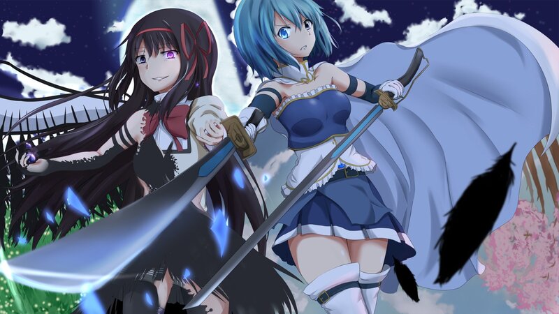 Two Female Warriors — Blue, Dramatic, Night, Anime, Swords