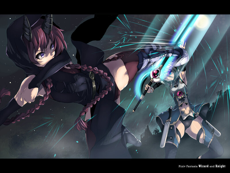 Two Female Warriors Fighting — Black, Dramatic, Night