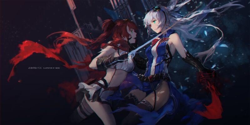 Two Female Warriors Fighting — Blue, Dramatic, Night, Digital Art