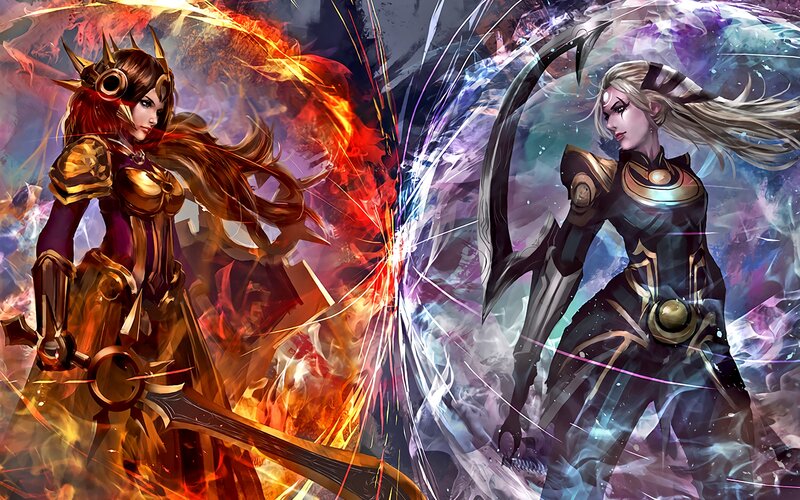Two Female Warriors Fighting — Red, Dramatic, Digital Art, Fire