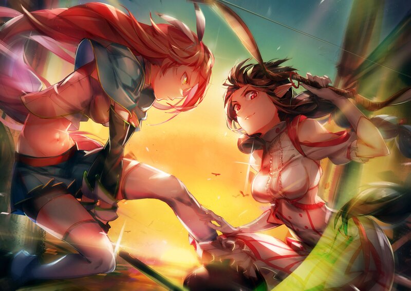 Two Female Warriors Fighting — Red, Dramatic, Sunset