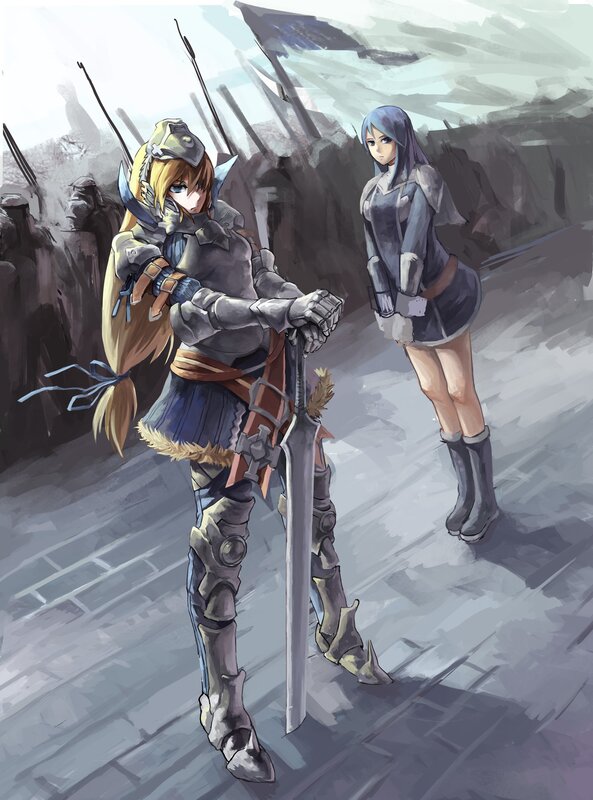 Two Female Warriors — Gray, Dramatic, Digital Art