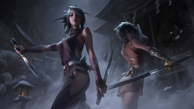 Two Female Warriors — Gray, Dramatic, Night, Digital Art
