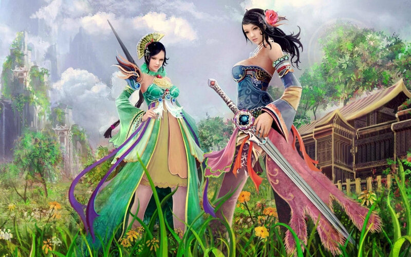 Two Female Warriors — Green, Dramatic, Afternoon, Digital Art