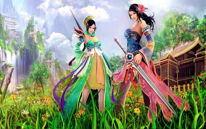 Two Female Warriors — Green, Dramatic, Afternoon