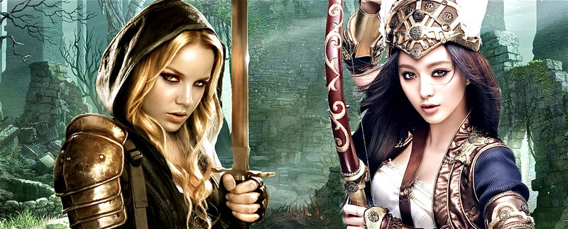 Two Female Warriors — Green, Dramatic, Digital Art