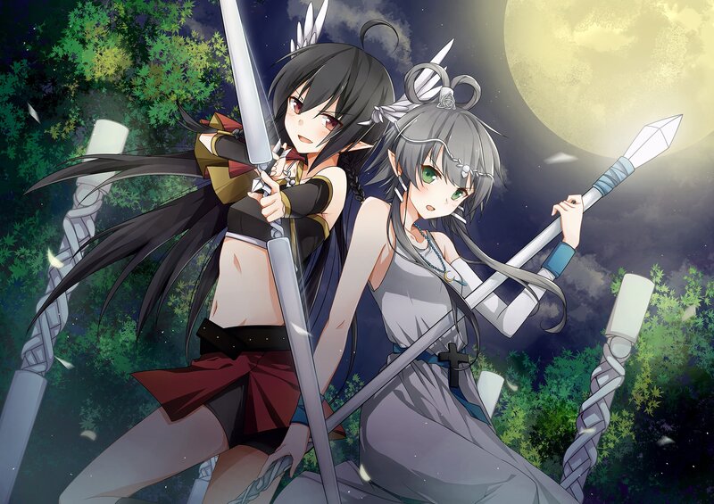 Two Female Warriors — Green, Dramatic, Night