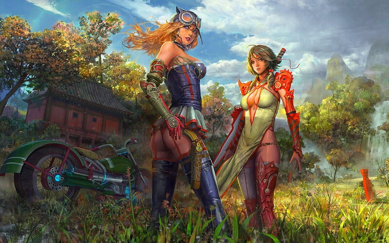 Two Female Warriors — Green