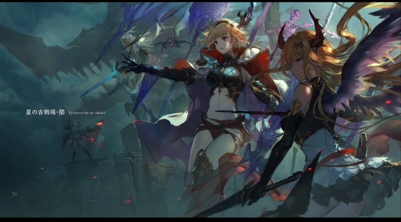 Two Female Warriors in Battle — Purple, Dramatic