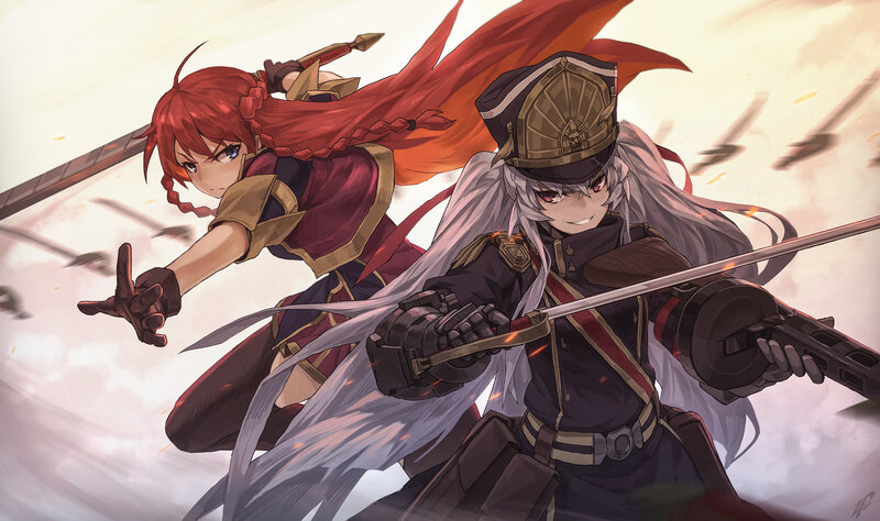 Two Female Warriors in Combat — Red
