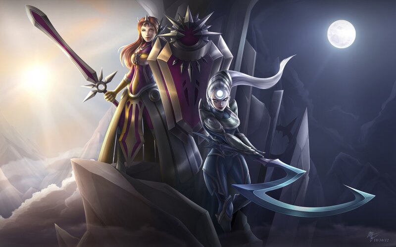 Two Female Warriors on a Cliff — Purple