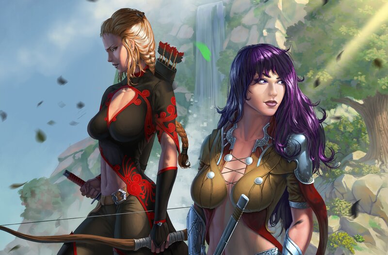 Two Female Warriors — Purple, Dramatic, Afternoon
