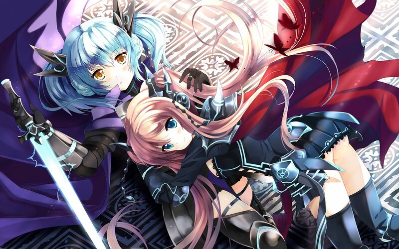 Two Female Warriors — Purple, Dramatic, Anime, Swords, Armor, Wings