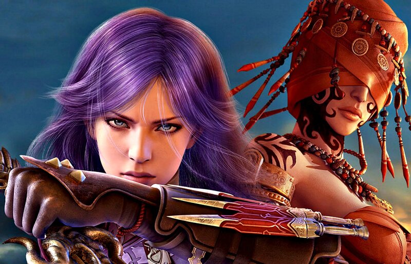 Two Female Warriors — Purple, Dramatic, Digital Art, Sword