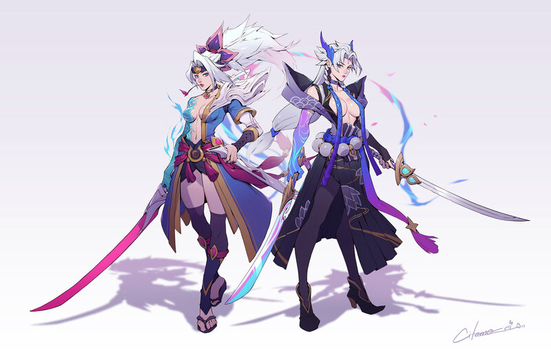 Two Female Warriors — Purple, Dramatic, Digital Art, Swords, Long Hair