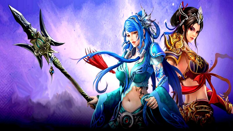 Two Female Warriors — Purple, Dramatic, Digital Art, Swords