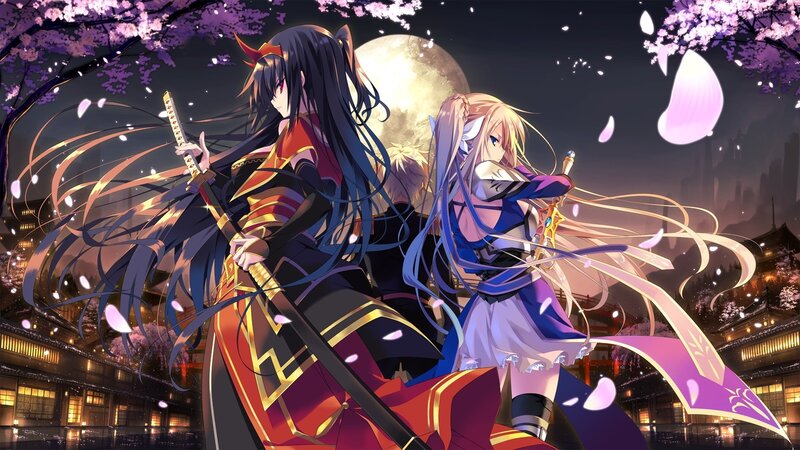 Two Female Warriors — Purple, Dramatic, Night, Anime, Sakura Blossoms