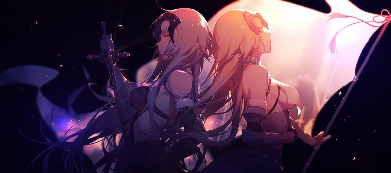 Two Female Warriors — Purple, Dramatic, Night, Digital Art, Swords, Flags