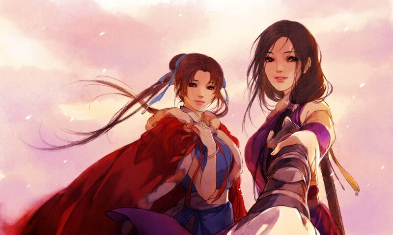 Two Female Warriors — Purple, Dramatic, Sunset, Digital Art, Anime Art