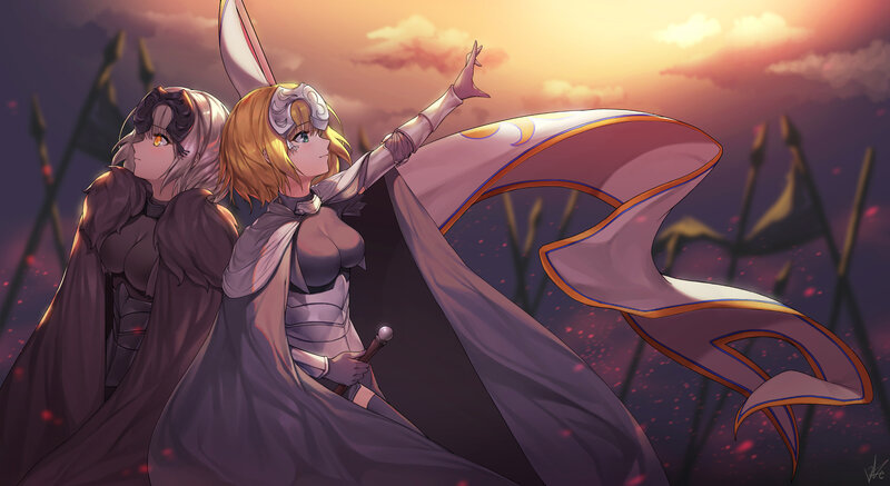 Two Female Warriors — Purple, Dramatic, Sunset, Digital Art, Swords, Flags