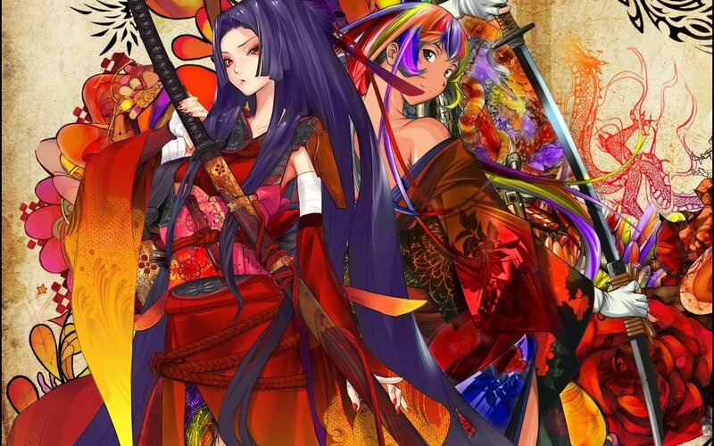 Two Female Warriors — Red, Dramatic, Anime, Swords, Kimonos