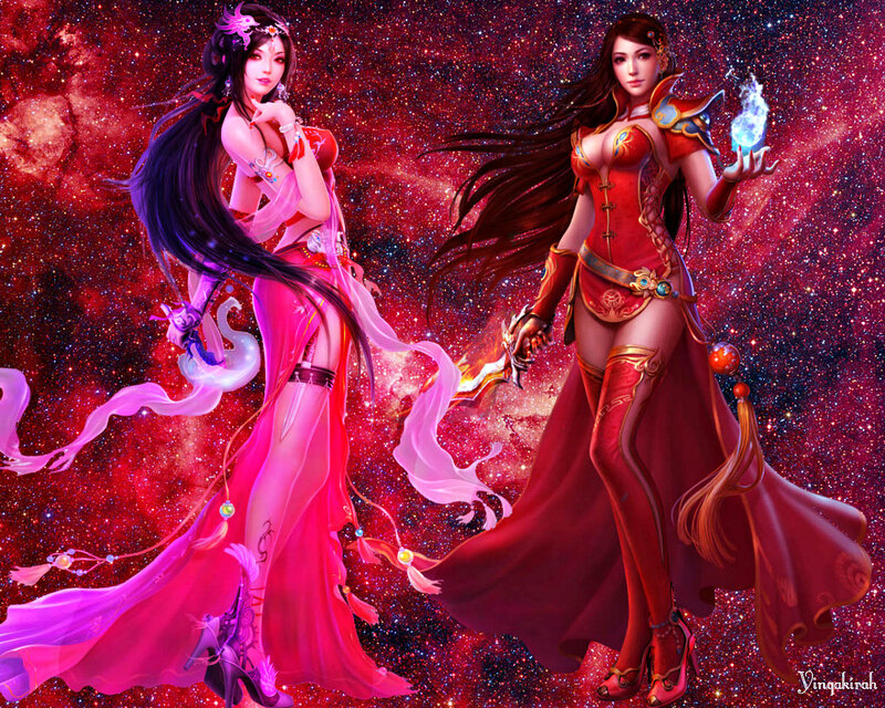 Two Female Warriors — Red, Dramatic, Digital Art, Cosmic Background