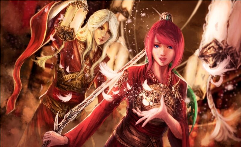 Two Female Warriors — Red, Dramatic, Digital Art, Swords, Feathers