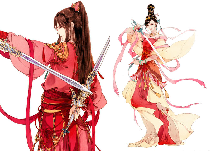 Two Female Warriors — Red, Dramatic, Digital Art, Swords, Ribbons