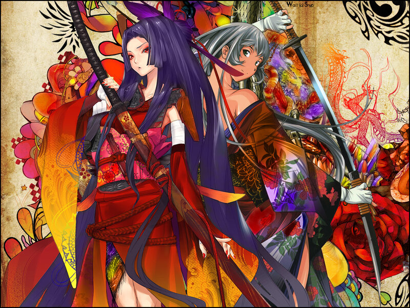 Two Female Warriors — Red, Dramatic, Digital Art, Swords