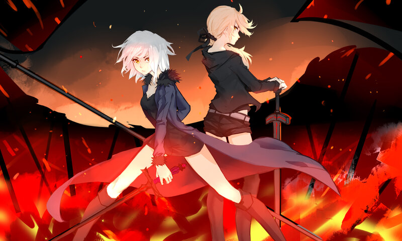 Two Female Warriors — Red, Dramatic, Night