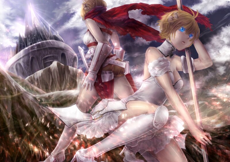 Two Female Warriors — White, Dramatic, Digital Art, Castle
